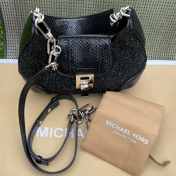 Michael Kors Collection Bancroft Medium Glitter and Snakeskin Shoulder Bag - Picture 15 of 15